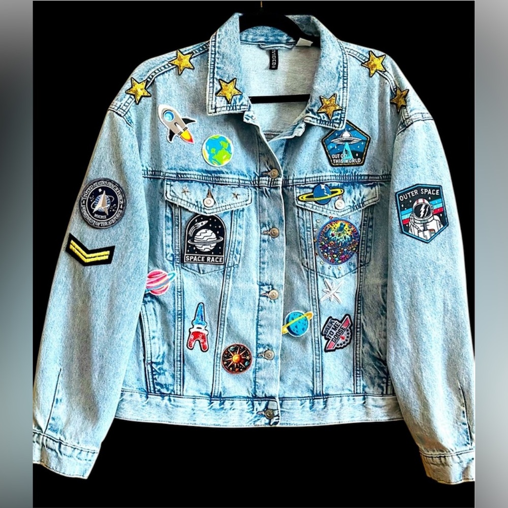 Patched Jean Jacket. Size XL Men's but is a Unisex Jacket.